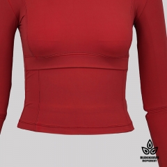 Snow Washed Stretchy Round-Neck Top with Cut at Elbows in Red