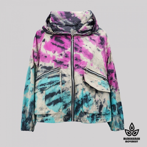 Light Graffiti Tie-Dye Long-Sleeve Jacket with Functional Pockets and A Hood