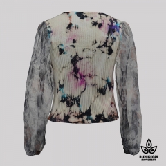 Graffiti Tie-Dye V-Neck Top with Long Mesh Puff Sleeves