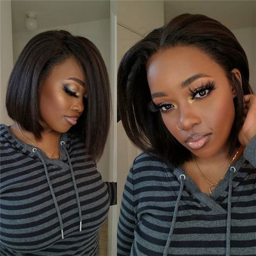 QueenWeaveHair Kinky Straight Yaki Bob Wigs With Bangs Human Hair With Side Part