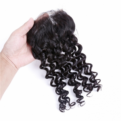 QueenWeaveHair Human Hair Deep Wave Lace Closure With Three Part Middle Part