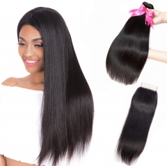 QueenWeaveHair 2 Bundles Natural Color Straight Hair Weave With Closure