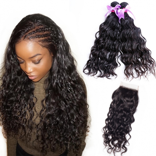 QueenWeaveHair Water Wave 2 Bundles And A Closure With Baby Hair Human Hair