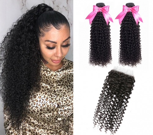 QueenWeaveHair 2 Bundles Kinky Curly Human Hair Weave  And A Closure