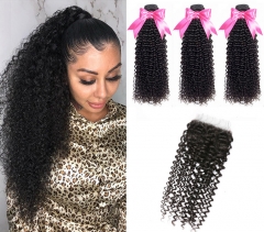 QueenWeaveHair 3 Bundles Afro Kinky Curly Hair Weave With Lace Closure