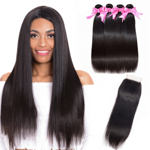 QueenWeaveHair 4 Bundles Best Silky Straight Human Hair Weave With Closure