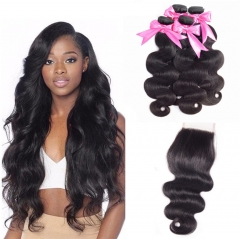 QueenWeaveHair 4 Bundles Body Wave Human Hair Weave With Lace Closure