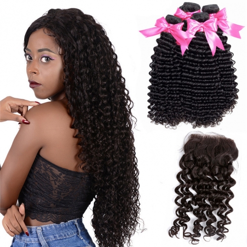 QueenWeaveHair 4 Bundles Loose Deep Wave Hair With Closure Short