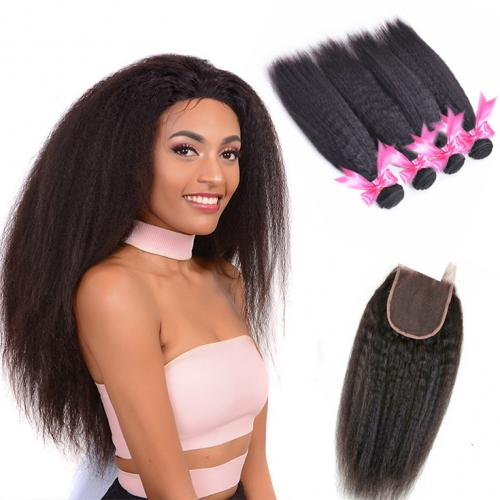 QueenWeaveHair 4 Bundles Natural Hair Kinky Straight Bundles With Closure