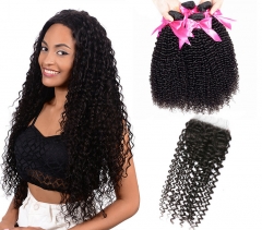 QueenWeaveHair 4 Bundles Short Afro Kinky Curly Human Hair Bundles With Closure