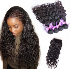 QueenWeaveHair 4 Bundles Water Wave Hair Human Hair Extensions With Closure