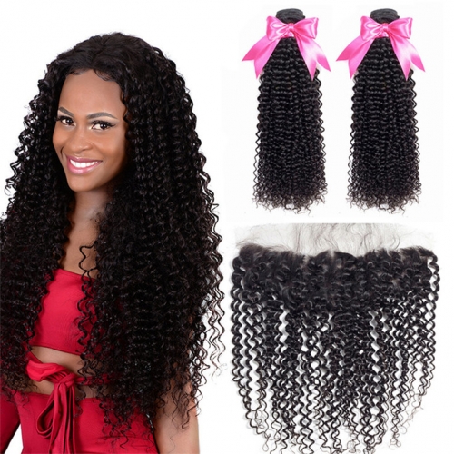 QueenWeaveHair 2 Bundles Afro Kinky Curly Human Hair Weave With Frontal