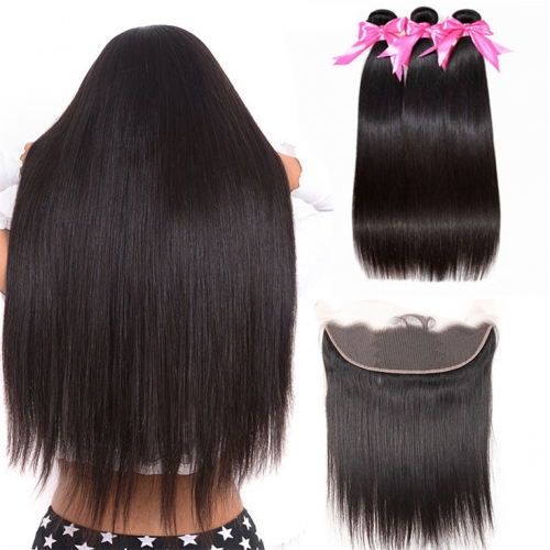 QueenWeaveHair 3 Bundles Straight Unprocessed Human Hair Bundles With Frontal