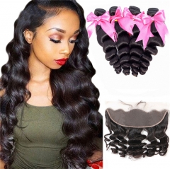 QueenWeaveHair 4 Bundles Loose Wave Hairstyles Human Hair Bundles With Frontal