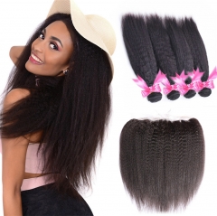 QueenWeaveHair 4 Bundles Kinky Straight Hair Weave With Lace Frontal