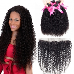 QueenWeaveHair 4 Bundles Afro Kinky Curly Hair Natural Black Hair Extensions With Frontal