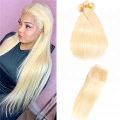QueenWeaveHair 3 Bundles Platinum Blonde Human Hair Weave With Lace Closure