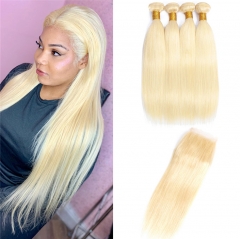 QueenWeaveHair 4 Bundles Human Hair Platinum Blonde Hair Extensions With Lace Closure