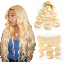 QueenWeaveHair 3 Bundles Real Human Hair Bundles Blonde With Frontal