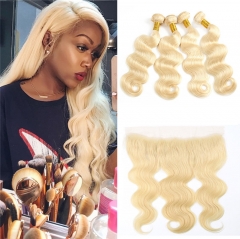 QueenWeaveHair 4 Bundles Body Wave Honey Blonde Weave Hair With Frontal