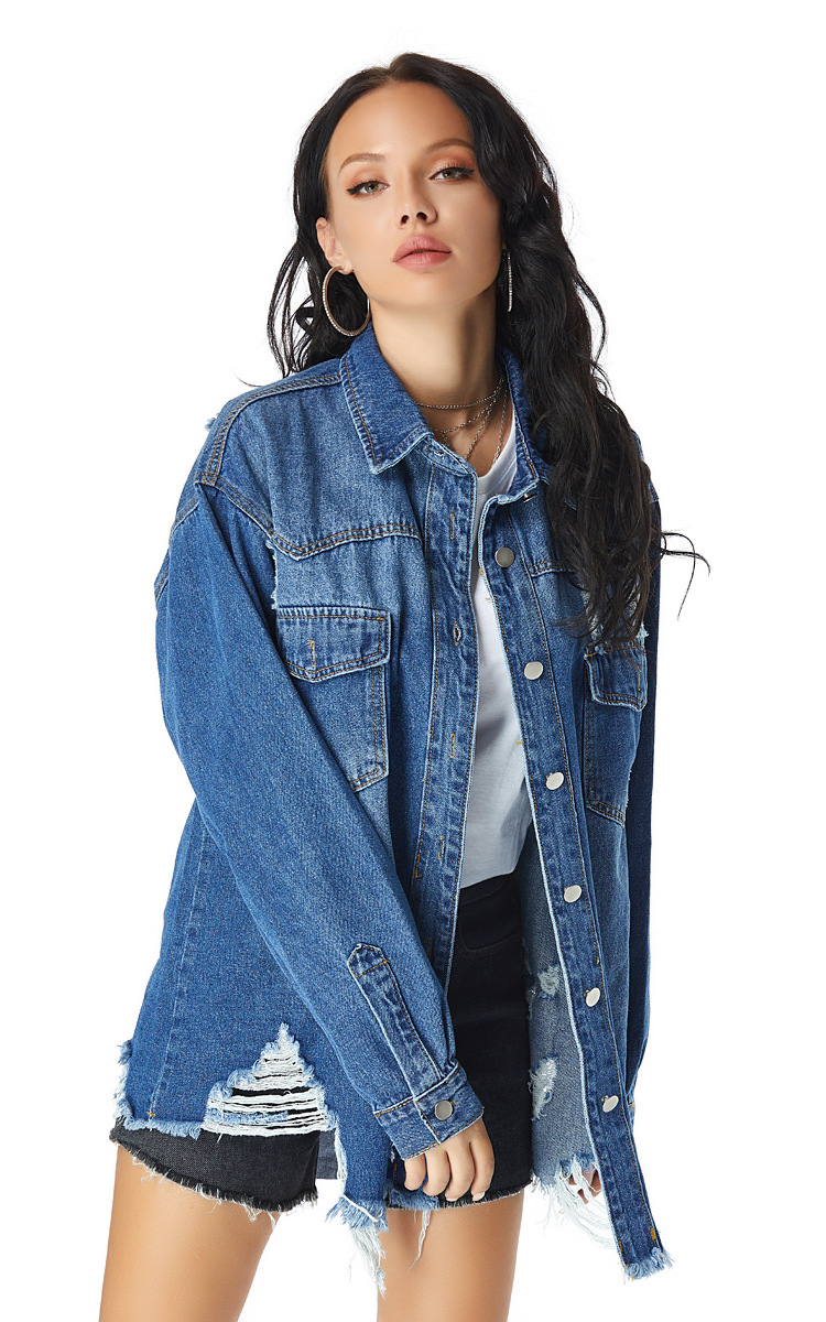 Long top denim jacket with raw edges and ripped holes,