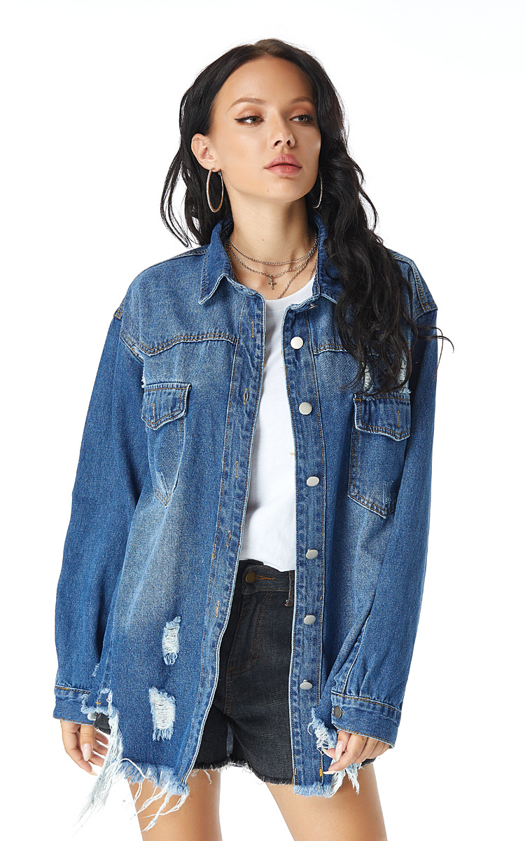 Long top denim jacket with raw edges and ripped holes,