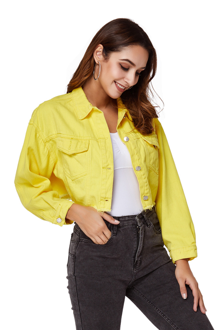 Yellow loose ladies short denim jacket,