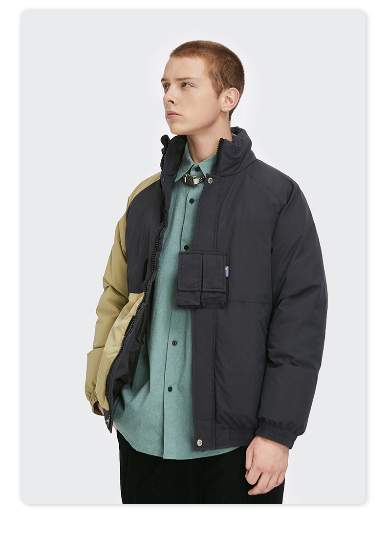 Contrasting color stitching Velcro zipper pockets warm down jacket