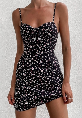Sexy floral dress with low neckline halter skirt and low back