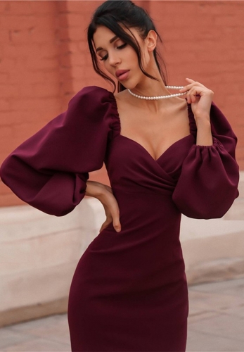 Hot selling mid long waist bubble sleeve Sexy Long Sleeve Dress