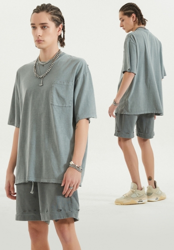 2021 Summer new hem pocket made old short sleeve high street T-shirt shorts suit