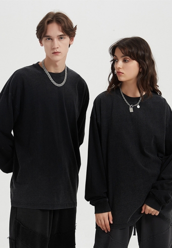 250G Gradient Retro Black Washed Long-Sleeve T-Shirt