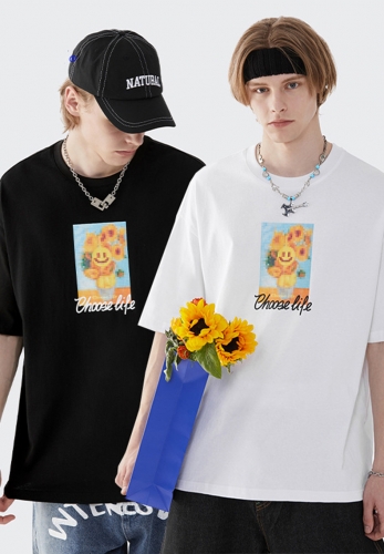 Sunflower Printed Smiley Face Brushed Casual Loose Short Sleeve T-Shirt Men