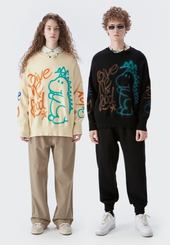 2022 autumn new product small dinosaur graffiti inkjet printing loose thin section knitted sweater couple models