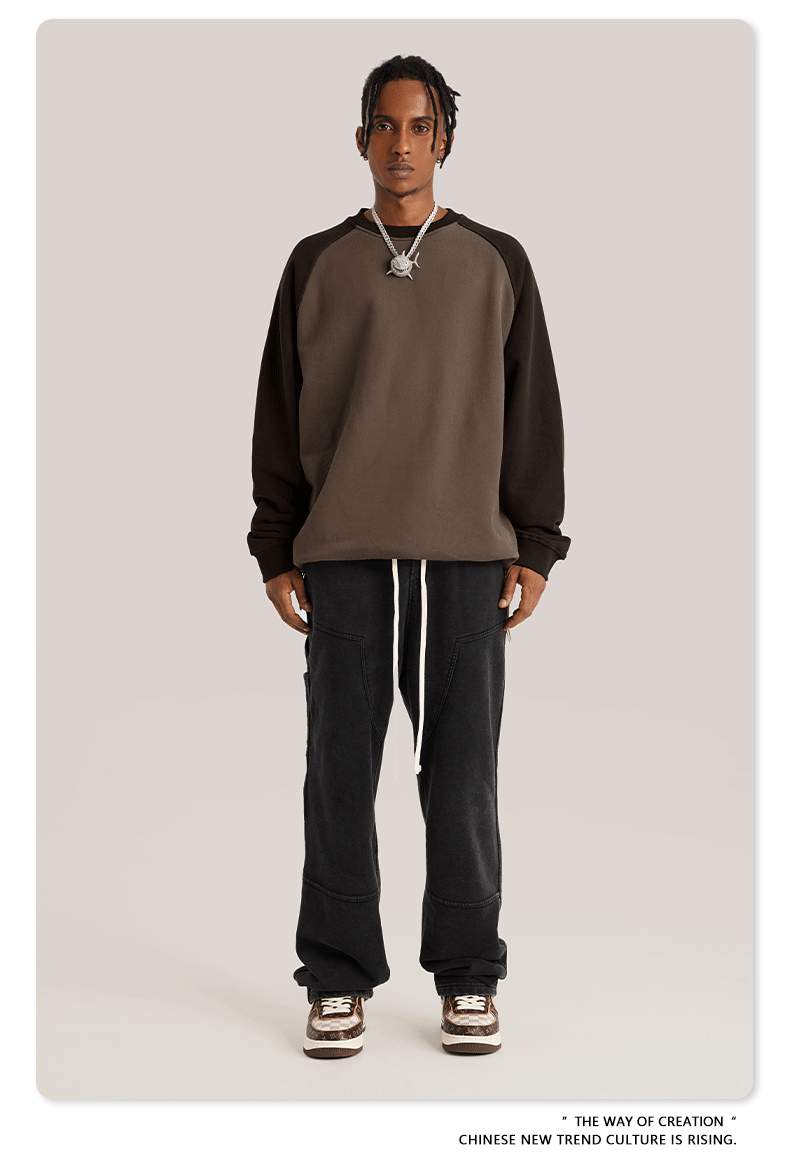 Heavy Loose American Retro Raglan Contrast Color Crew Neck Sweater