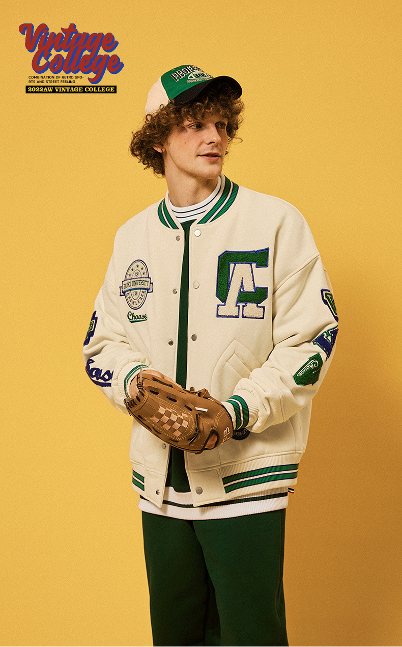400g Fleece Contrast Color College Stamp Baseball Jersey,Jacket & Coat