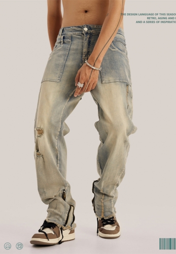 Antique Wash Yellow Mud Zip-Up Jeans