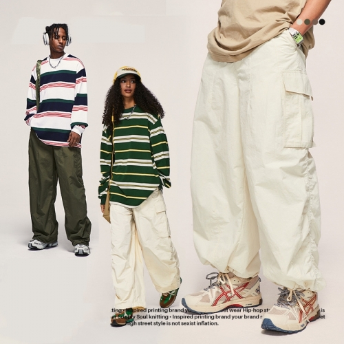 Fine Check Loose Cargo Pants Wide Leg