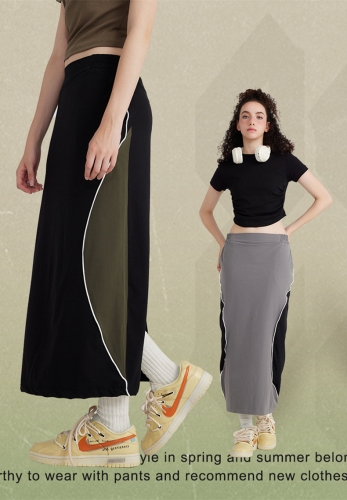 Contrast color stitching quick-dry four-way stretch woven long skirt