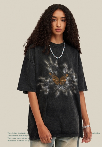 Washed Vintage Distressed Print Butterfly T-Shirt