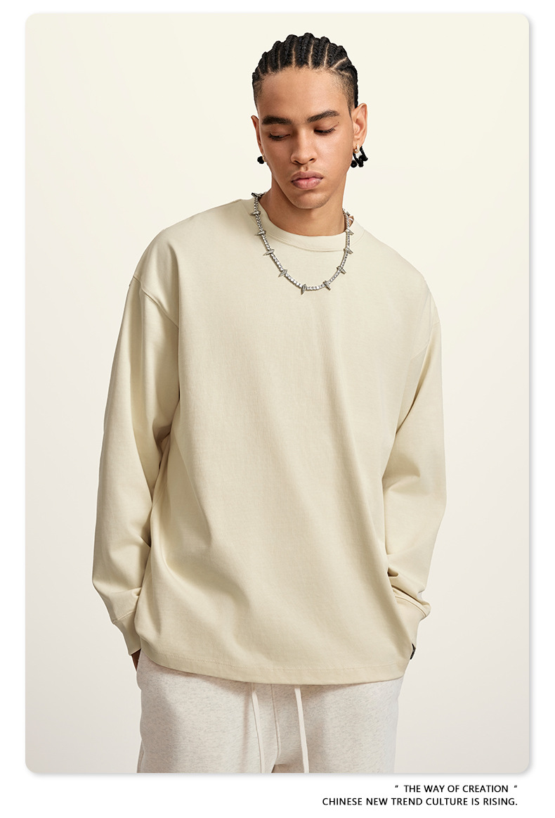 425G Solid Color Loose Cotton Basic Drop Shoulder Long