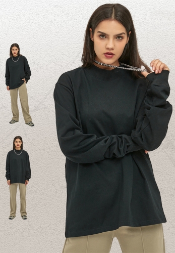 345G Double Yarn Plain High Neck Loose Long Sleeve T-Shirt