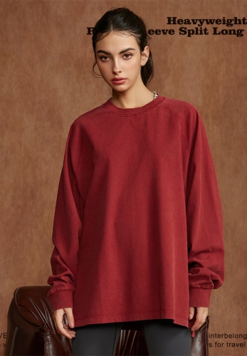 Vintage Washed Loose Raglan Sleeve Slit Long Sleeve T-Shirt