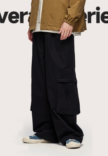 Large drop pocket twill cargo wide leg pants