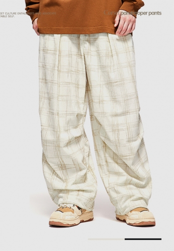 Vintage plaid corduroy wide-leg pants