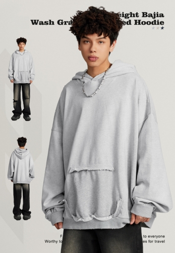 460G washed gradient frayed hooded sweatshirt