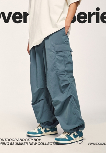 Pleated 3D large pocket cargo wide-leg pants