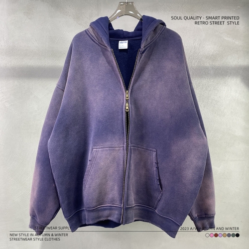 360G spray-dyed distressed double-zip hoodie,Hoodie & Pullover