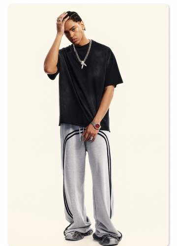 sports style washed batik web zipper trousers vibe wide-leg sweatpants