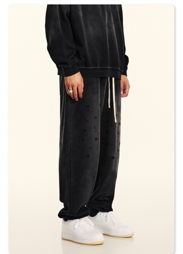 2024 autumn trendy brand round neck painted sweatshirt and sweatpants high-end high street American washed suit